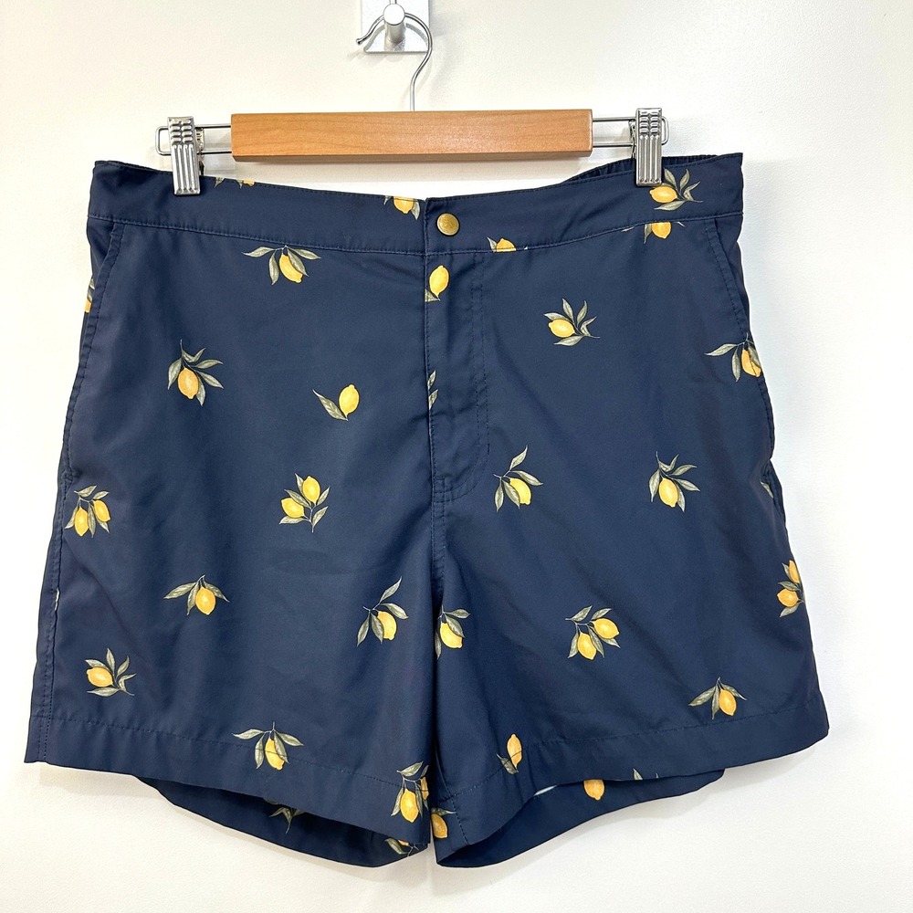 Abercrombie & Fitch Mens Navy Lemon Print Swim Trunks Large Stretch Mesh Liner